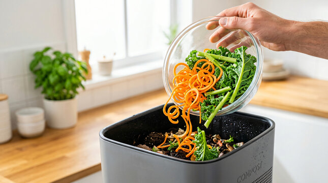 Person dumping raw vegetable scraps into a kitchen electric food waste composter.