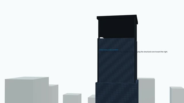 3D animation of a tuned liquid damper on a skyscraper, showing how fluid sloshing counteracts lateral oscillation and structural displacement caused by seismic activity or extreme wind shear