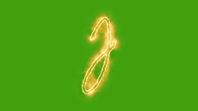 Glowing golden letter j animation on green screen, script alphabet overlay for editing typography