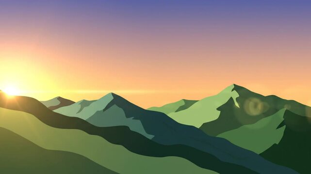 Minimalist graphic mountain range landscape at sunset with sun flare and lens glares, vibrant gradient colors for meditation