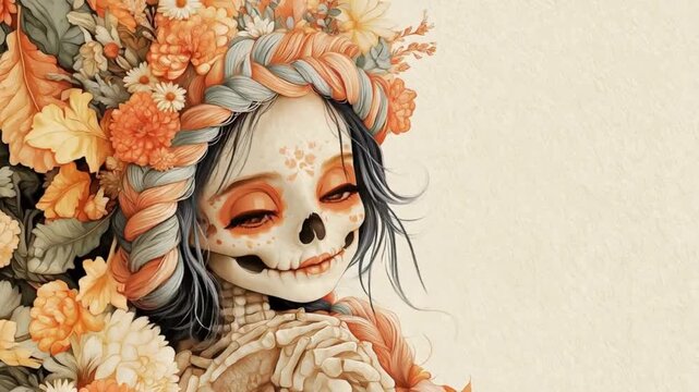 A Halloween illustration of a skeleton girl with beautiful flowers and elaborate braided hair, inspired by the Day of the Dead