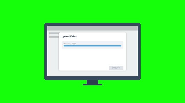 Flat design animation of video uploading process on computer monitor with green screen background.
