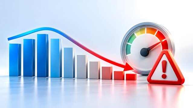Financial crisis concept with descending bar chart, downward red arrow, warning sign and risk speedometer indicating economic recession and market loss