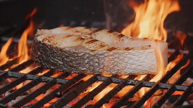 Close-up of a thick cut of fish grilling on a barbecue with flames and heat visible