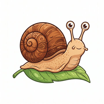 Cute garden snail crawling on a green leaf isolated on white background, friendly wildlife mollusk vector illustration. 