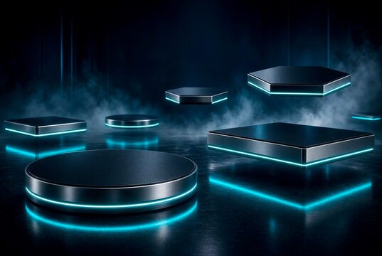 Futuristic floating neon product platforms with cyan LED edges on dark reflective floor