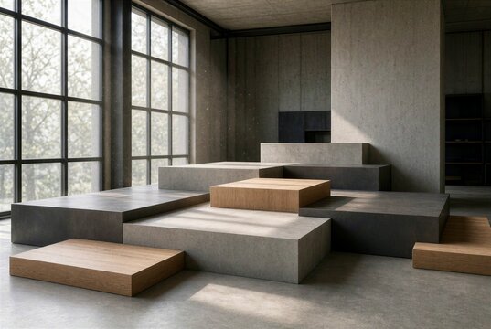 Concrete and wood stepped platforms in sunlit industrial loft interior