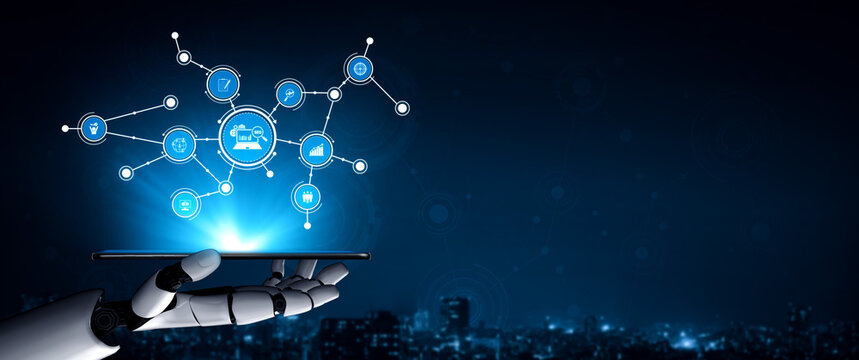 A futuristic robotic arm presents a digital interface against a blue background, symbolizing innovation and connectivity in advanced technology and data systems. Tessel