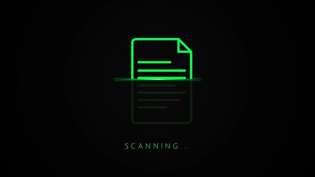 Document scanning process with glowing digital scan line moving across paper file icon, cybersecurity, data processing, document verification, archive management concept.