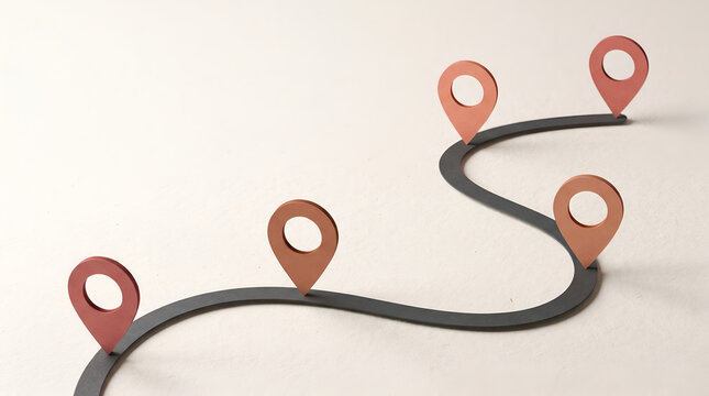​Winding route roadmap with multiple map markers and GPS location pointers