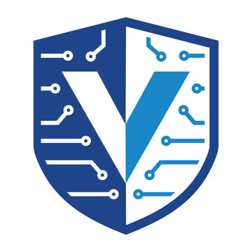 Shield with letter V in the middle with electric circuit, for virtual technology logo.