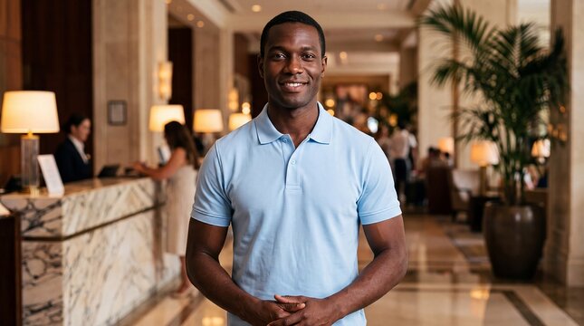 Black man in hospitality uniform wearing blue polo shirt waist up