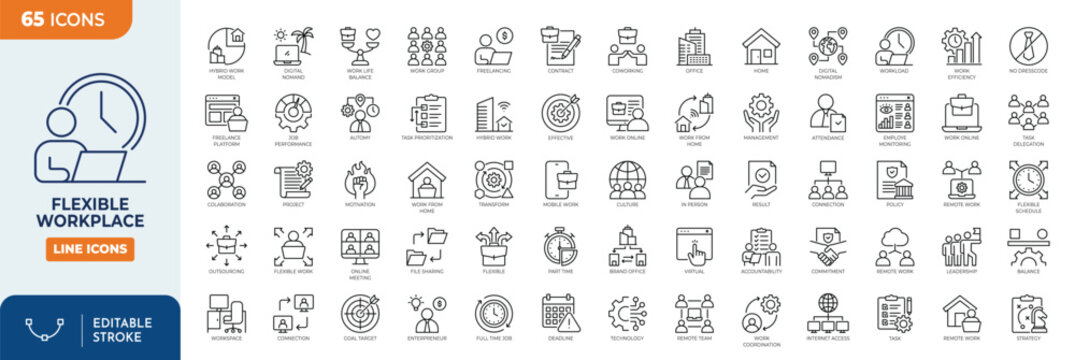 Flexible workplace icon set. contain icons related to flexible, workplace, office, home, remote, hybrid work, and more. Editable stroke. Vector illustration
