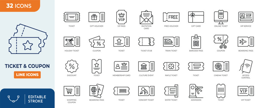 Ticket and coupon icon set. Containing coupon, ticket, admission, pass, entry, access, and more. Editable stroke. Vector illustration