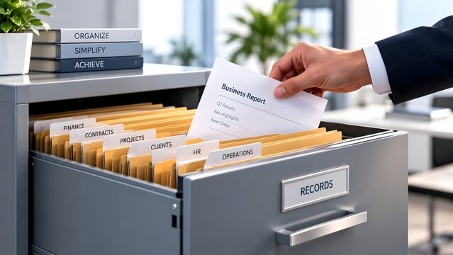 Hand placing business report into filing cabinet drawer with categorized folders for organizing corporate records