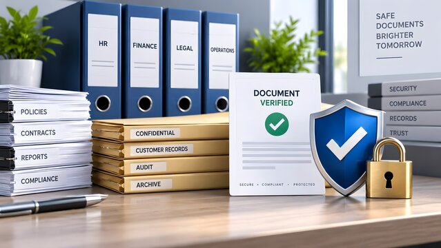 Secure document management concept with verified paperwork blue shield and gold padlock on corporate office desk