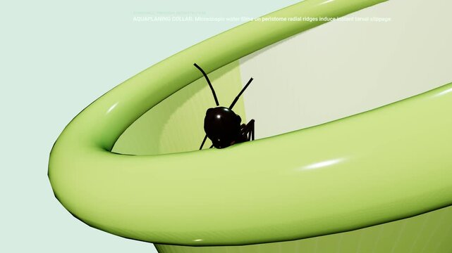 3D animation detailing the viscoelastic trap mechanism of Nepenthes pitcher plants, illustrating how an ant succumbs to aquaplaning, extensional drag, and digestive assimilation in the pitcher fluid