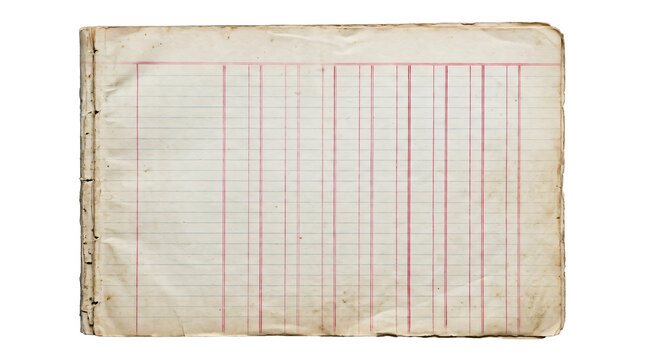 Vintage ledger book features faded red accounting columns and weathered pages isolated against transparent backdrop.