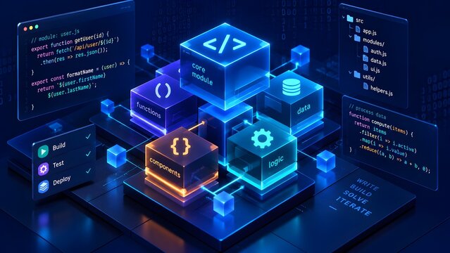 Digital software development architecture concept with glowing code modules components and workflow build tools