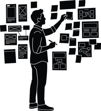 Man silhouette organizing wireframe sketches and flowcharts on wall black vector illustration for UX design planning brainstorming and project management concept