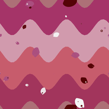 Seamless magenta ornamental paisley pattern on 70s wavy stripe pattern