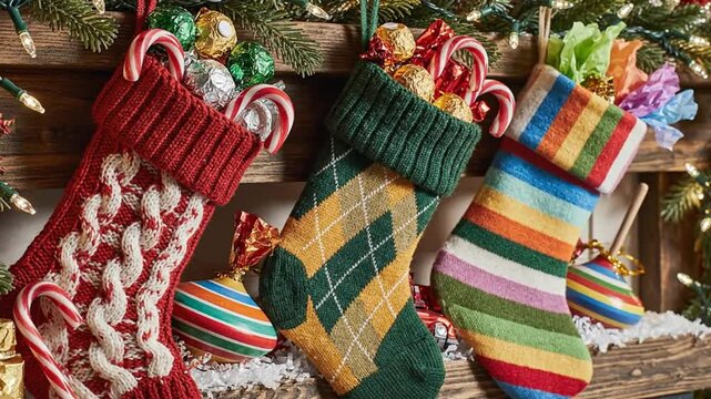 Festive Christmas stockings filled with candy and presents hanging on a decorated wooden mantelpiece with holiday lights