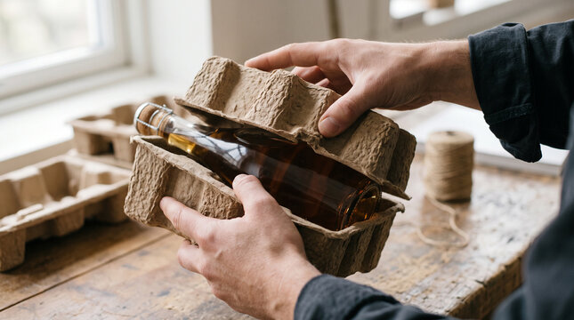 Artisan carefully closing eco friendly molded pulp packaging around glass bottle on wooden desk