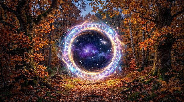 Mystical Portal in Autumn Forest: An enchanted portal, swirling with cosmic energy and adorned with celestial patterns, materializes amidst a vibrant autumn forest.