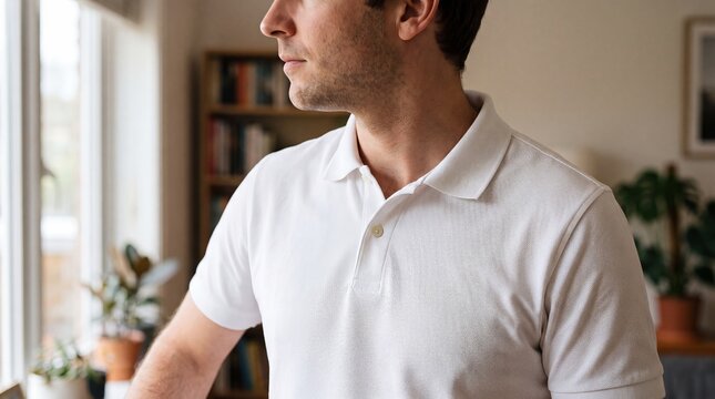 Close Up Portrait of Man Wearing White Pique Cotton Polo Shirt