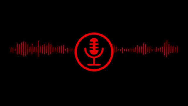 A microphone icon with white animated equalizer. Animation for video podcast, broadcast, radio, intro or opener. Music or sound vizualization with sound wave, frequency in the dark.sound vizualization