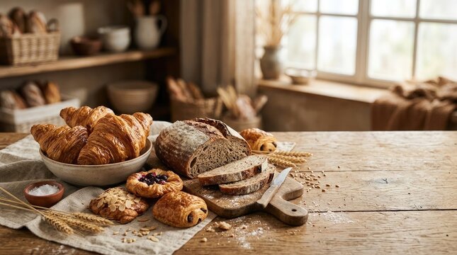 Assorted fresh bakery bread and pastries on a wooden table with wheat stalks in a cozy rustic kitchen interior freshly baked bread loaf pastries