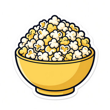 A bold vector illustration of a yellow bowl overflowing with crunchy popcorn kernels, featuring a sticker-style white border, isolated on a white background for movie snacks.