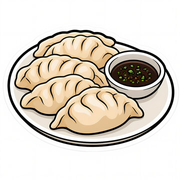 Appetizing vector illustration of traditional Asian dumplings or gyoza served on a white plate with a side of savory soy dipping sauce and chopped scallions, isolated food clipart.