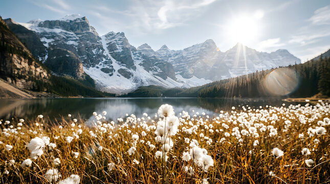 Dramatic mountain landscape with a serene lake and golden foreground grasses
