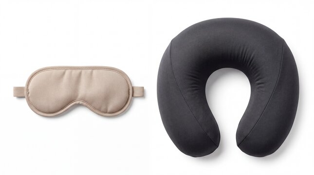 Beige Sleep Mask and Black Travel Pillow Isolated