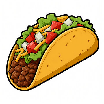 Delicious Mexican Taco Vector Illustration with Hard Corn Shell Filled with Ground Beef, Fresh Lettuce, Diced Tomatoes, Shredded Cheese, and Onions Isolated on White Background