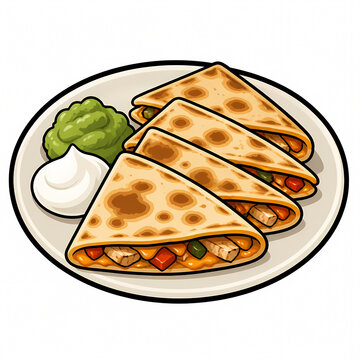 Delicious Mexican Quesadilla Vector Illustration with Four Folded Slices Filled with Cheese and Chicken Served on a Plate with Guacamole and Sour Cream Dips Isolated on White Background