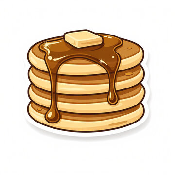 Delicious Vector Illustration of a Stack of Fluffy Pancakes Topped with Melting Butter and Dripping Sweet Maple Syrup, Isolated Cartoon Sticker Style Design for Breakfast Food Concept