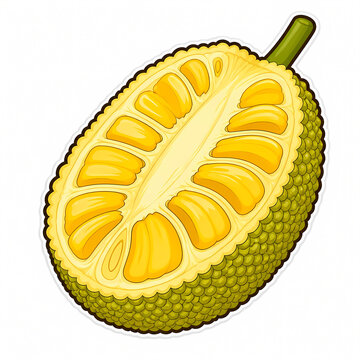 Fresh tropical jackfruit vector illustration sliced open showing delicious sweet yellow bulbs and thorny green skin, exotic asian fruit isolated on white background for food design