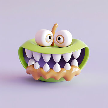 Concept 3D claymorphism illustration of a funny green apple monster with peanut butter lips and candy teeth