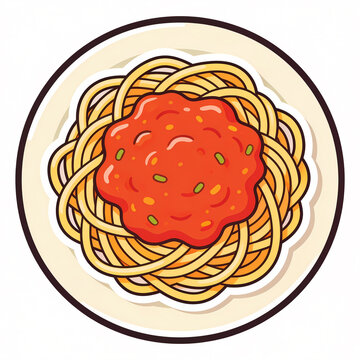 Top view vector illustration of a delicious plate of spaghetti pasta topped with savory red tomato sauce and herbs, isolated on a white background in a cute cartoon sticker style.