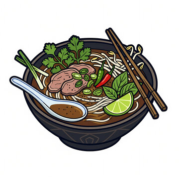 Traditional Vietnamese Pho noodle soup bowl vector illustration with beef slices, fresh herbs, lime, chili, chopsticks, and spoon isolated on white background, Asian cuisine concept.