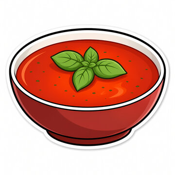 Vector illustration of a bowl of delicious hot tomato soup garnished with fresh green basil leaves, isolated on white background with a sticker style white border for food design.