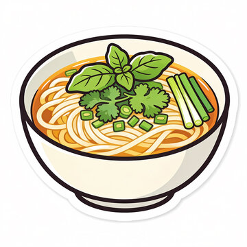 Vector illustration of a delicious bowl of traditional Vietnamese Pho noodle soup with rice noodles, fresh basil, cilantro, and green onions isolated on a white background.
