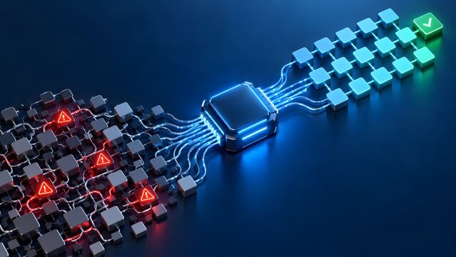 Automated data cleansing, error resolution, threat filtering system transforming chaotic warning nodes into organized verified network grid