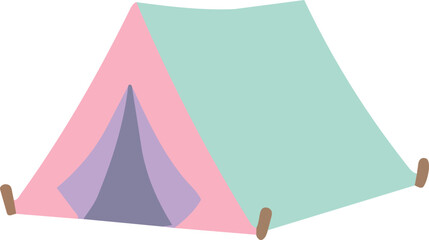 Camping tent vector icon is rendered in soft pastel shades of pink, teal, and lavender against a plain white backdrop. © nshhhh