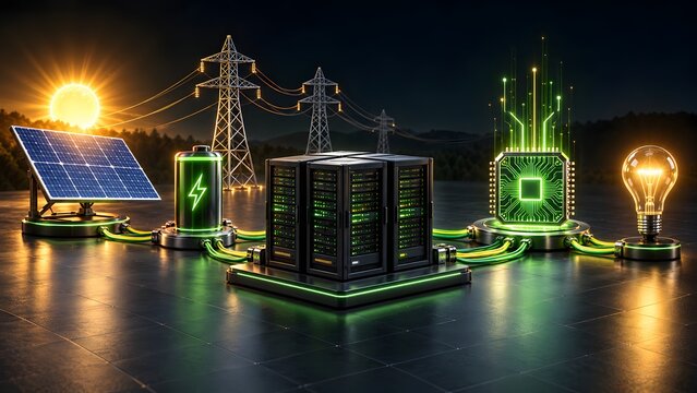 Clean energy ecosystem with solar panel, battery storage, power grid, data center servers, microchip processor, glowing light bulb in dark landscape