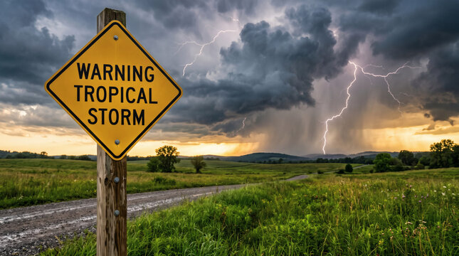 tropical storm warning sign against dramatic thunderclouds over green meadow severe weather alert lightning storm hurricane safety climate change concept