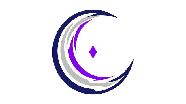 Abstract crescent moon logo icon with dynamic curves and geometric diamond symbol in purple and dark blue