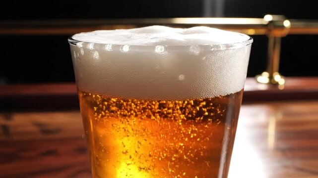 Close up of a cold beer in a glass with a foamy head, on a wooden bar